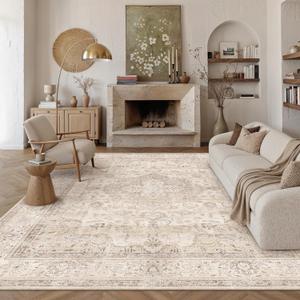 PureCozy Beige 8x10 Area Rug for Living Room,Non-Slip Washable Carpet,Floral Vintage Distress Print Pattern Area RugEasy Care for High Traffic Soft Carpet in Bedroom Office Coffee Table Dining Room