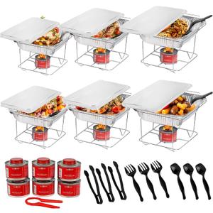 6 Pack - Disposable Chafing Dish Buffet Set, Welded Body Food Warmers for Parties, Fuel Cans Complete Set, Half Size Pans, Warming Trays