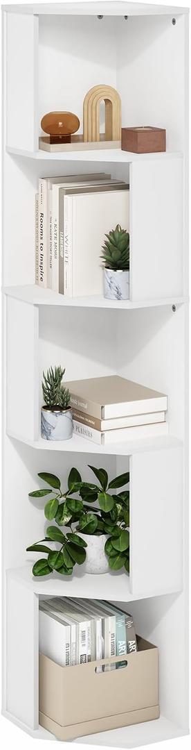 Furinno ECON Corner Shelf, 5-Tier Corner Book Shelf, Standing Storage Shelves, Cube Display Rack, Bookshelf, for Organization and Storage, Living Room, Home Office, White