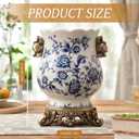 Vintage Blue and White Ceramic Vase with Gold Pedestal, Chinoiserie Floral Urn for Home Decor, 8.3" Antique French Country Centerpiece for Table, Mantel, and Fresh Flowers