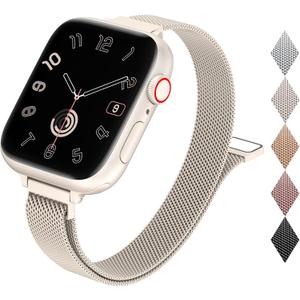 MARGE PLUS Slim Milanese Loop Compatible with Apple Watch Band for women 40mm 41mm 38mm 42mm 44mm 45mm 46mm, Stainless Steel Magnetic Mesh Strap work on iWatch Series10 9 8 7 6 5 4 3 2 1 SE (Starlight)