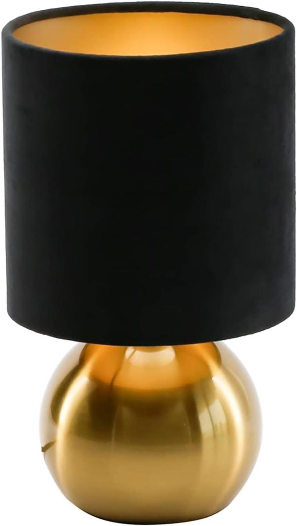 KUNJOULAM Small Bedside Lamp, Mid Century Lamp with Brass Base, Nightstand Table Lamp for Bedroom, Living Room, Bookshelf, Modern Accent Mini Table Lights Black Plastic Fabric Shade