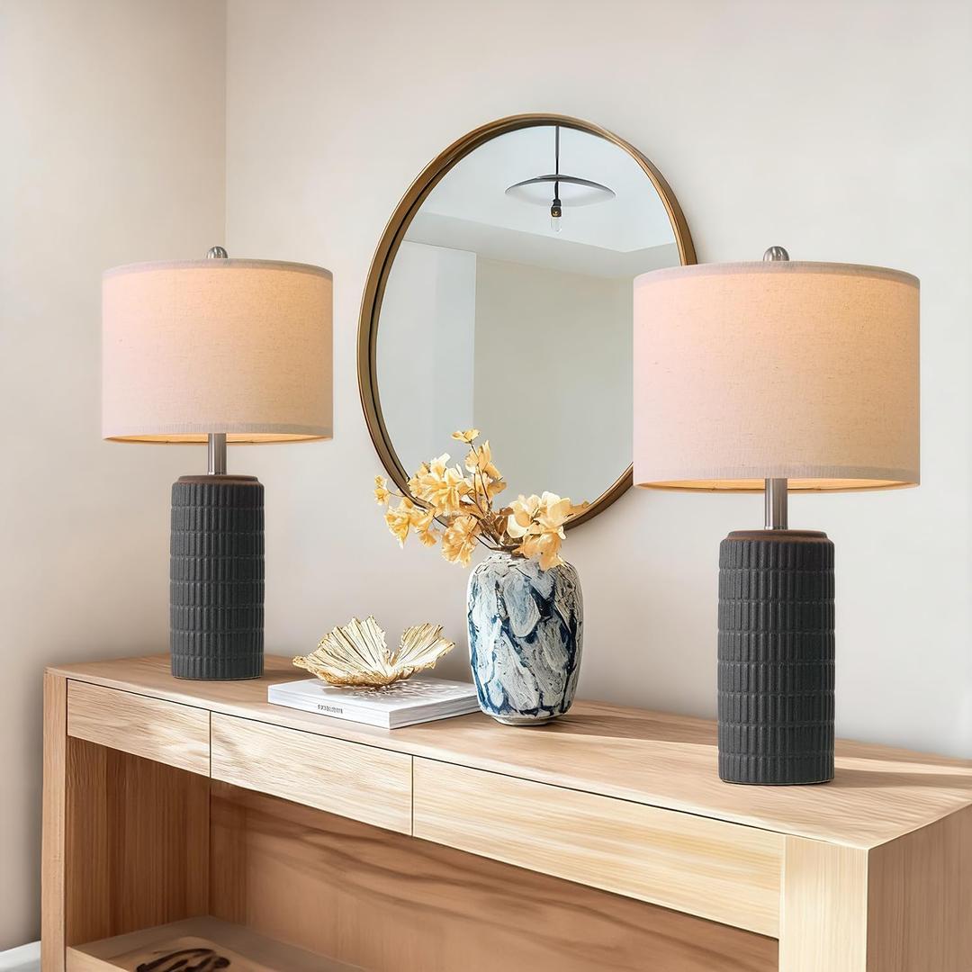 PoKat 23" Matte-Textured Ceramic Table Lamps Set of 2 for Bedroom, Stone-Like Modern Bedside Lamps for Night Stands, Farmhouse Nightstand Table Lamps Decor for Living Room End Table Black