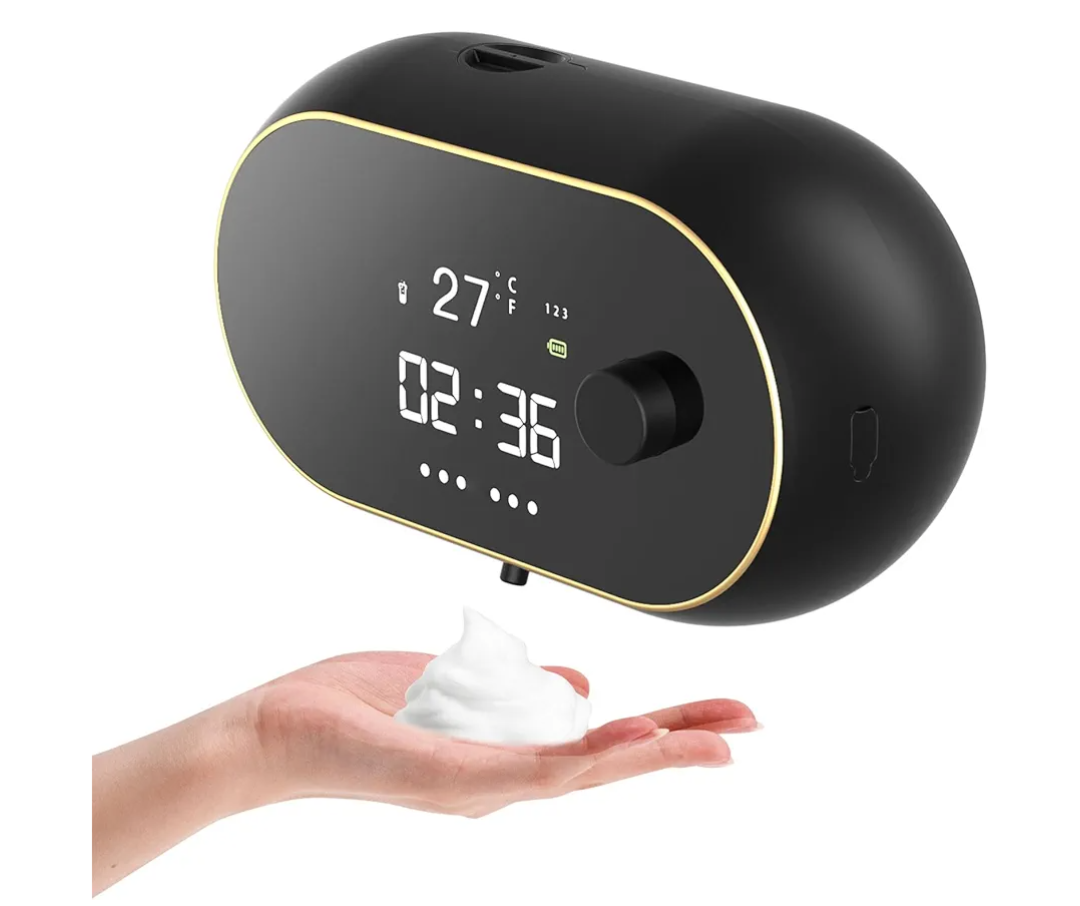 Automatic Soap Dispenser Foam Bathroom: Wall Mount Rechargeable Touchless Adjustable Auto Smart Electric Plastic Black Foaming Soap Dispenser with Clock - Kitchen - Hand Dish Lotion Couple Kids