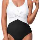 Pink Queen Women's Sexy One Piece Swimsuit Tummy Control V Neck Bathing Suits Colorblock Swimwear White and Black Small (S)