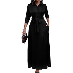 Women Black Church Dresses Maxi Button Down 3/4 Sleeves Print Dress Casual with Pockets, No Size Women Black Church Dresses Maxi Button Down 3/4 Sleeves Print Dress Casual with Pockets, No Size