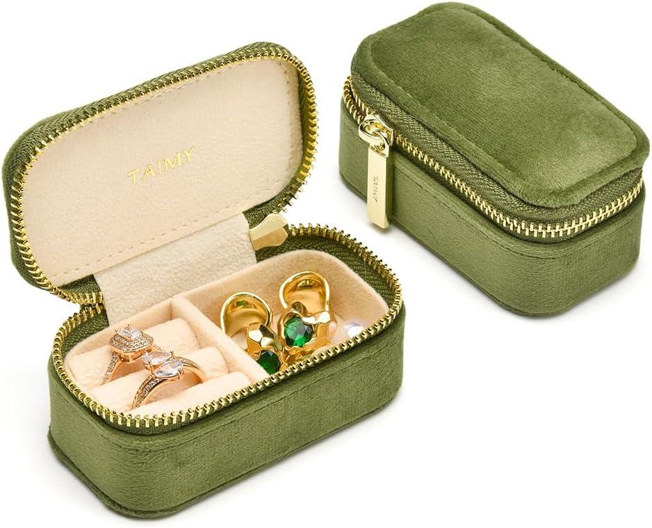 TAIMY Small Travel Jewelry Case, Mini Tiny Plush Velvet Jewelry Box for Women and Girls, Pocket Size Jewelry holder organizer for Rings Earrings and Small Items(Avocado Green)