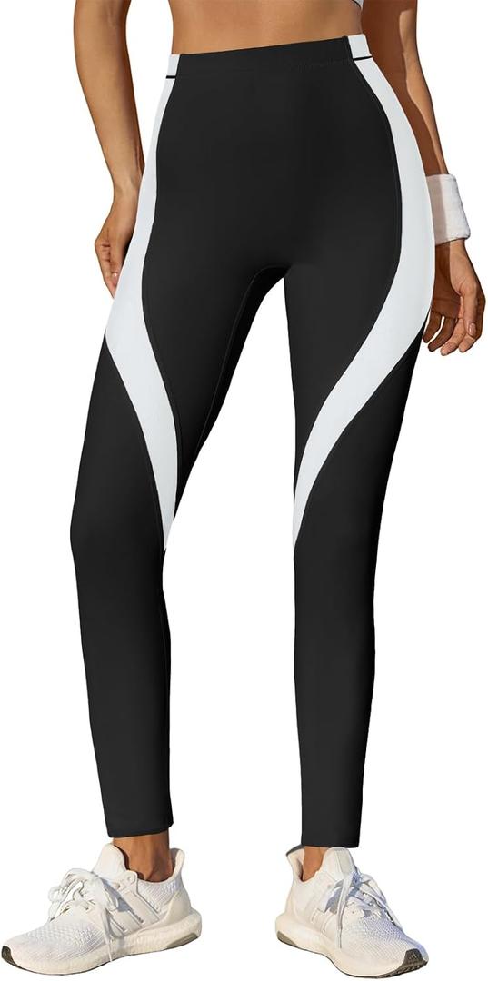 Fisoew Womens High Waisted Leggings Color Block Yoga Pants Workout Running Stretchy No See Through Leggings