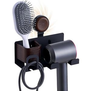 Hair Dryer Holder Wall Mount with Suction Cup, No-Drill Metal Blow Dryer Holder, Hair Accessories Tools Organizer Rack with 1 Toothbrush Hanger & Shelf, Walnut Finish for Bathroom