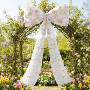 Big Floral Bow Giant Mesh Wildflower Bow Wall Decorations Spring Summer Birthday Party Decor Ribbon Hanging Tiebow Decor for Baby Shower Wedding Bridal Bachelorette Supplies (White)