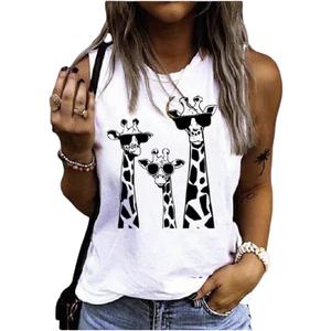 Women's Cute Giraffe Printed Tank Top Funny Summer Animal Graphic Sleeveless Tee Shirt (White)