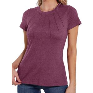 BATHRINS Womens Summer Comfy Tops Dressy Casual Crew Neck Pleated Fitted Short Sleeve T Shirts Tunic Blouses L Pink