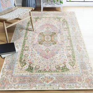 Pink Rug 4'x6.5',Washable Area Rugs for Bedroom Living Room Kitchen Entryway,Small Boho Vintage Bohemian Distressed Non Slip Carpet,Blush Green