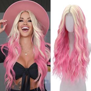 WECAN Pink and Blonde Wig-Long Pink Blonde Wigs For Women Synthetic Wig Heat Resistant Fiber Wigs for Daily Party Use (28 Inch)