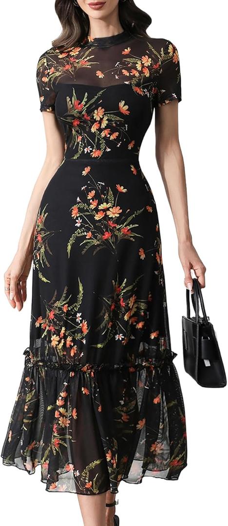 GothDark Women's Summer Floral Mesh Ruffle Dress Short Sleeve Round Neck Waist Cinched Casual Maxi Wedding Guest Dresses (Black) S