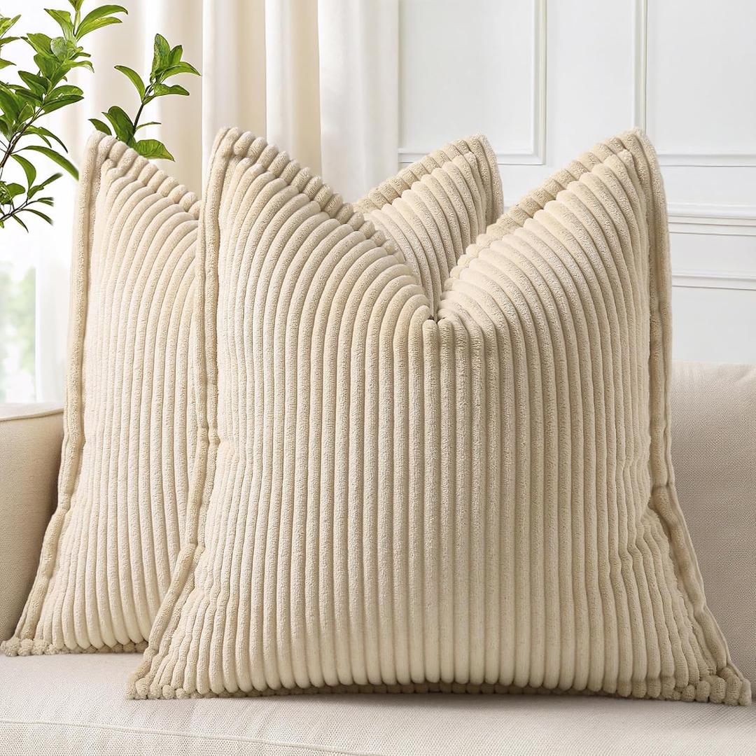 decorUhome Spring Corduroy Beige Throw Pillow Covers 16x16 Set of 2 Decorative Soft Boho Farmhouse Couch Pillow Covers for Living Room Bed Sofa Broadside Striped Pillow Cases