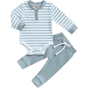 Newborn Baby Boy Girl Clothes Ribbed Knitted Long Sleeve Romper Pants Solid Cotton Infant Fall Winter Outfits 2Pcs (12-18 Months, Striped Blue)