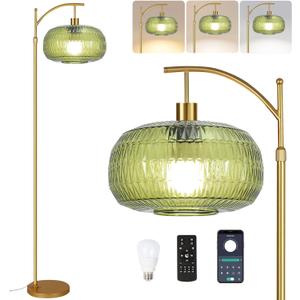 Green Floor Lamp for Living Room,Bedroom,Gold Dimmable Standing Lamp with Remote,Mid Century Modern Brass Tall Lamp Boho Floor Lamps Arc Stained Glass Floor Light Lamp Girls Bohemian