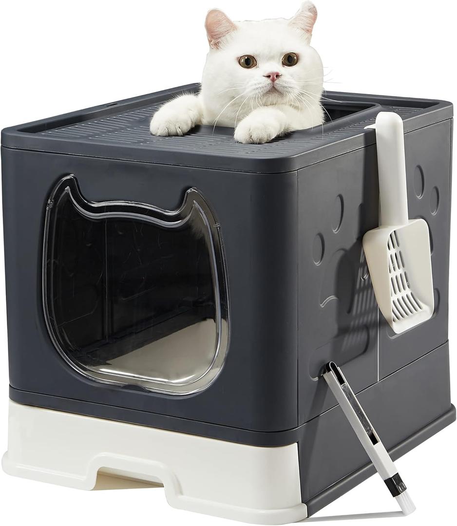 Cat Litter Box with Lid, Foldable Enclosed Covered Top Entry Kitten Litter Boxes for Growing Cats, Drawer Type Kitty Toilet with in/Out Front Door (Black)