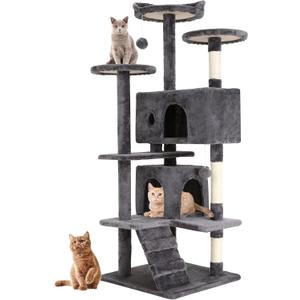 BestPet | 54" Cat Tree Tower | Light Gray | Sturdy, Easy to Assemble, Multi-Level Activity Center with Sisal Scratching Posts, Condos, Perches, Hanging Cat Toys, Observation Decks & Ladder