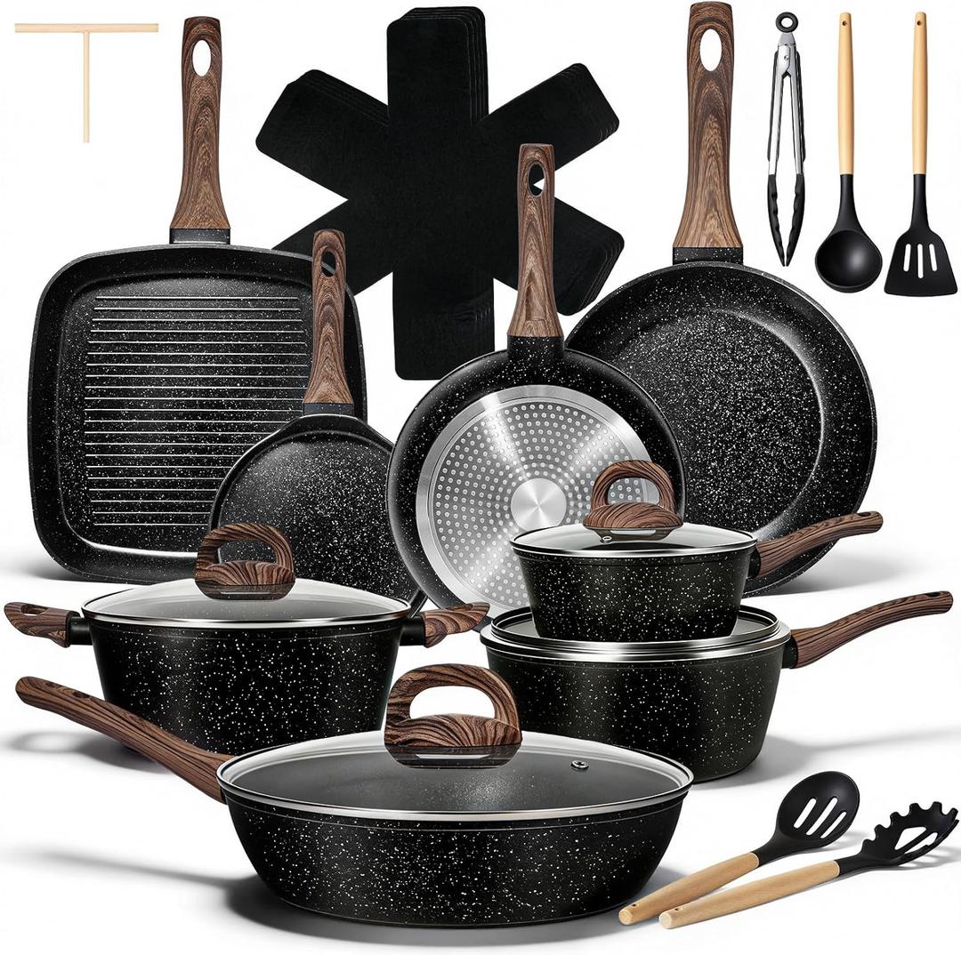 EWFEN 25 Pcs Pots and Pans Set, Nonstick Ceramic Cookware Sets, Healthy Non-Toxic, Large Capacity, Induction Compatible, Cooking Set with Frying Pans & Saucepans, PFAS/PTFE/PFOA Free, Classic Black