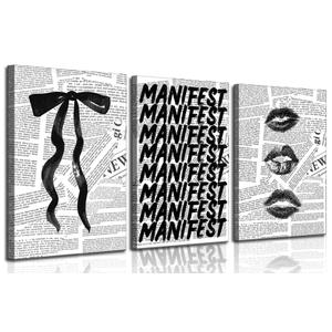 3Pcs Trendy Black and White Preppy Canvas Wall Art Retro Kiss Lips Bow and Manifest Pictures Wall Decor Funky Aesthetic Dark Coquette Posters Prints for Girly Apartment Dorm 16x24in