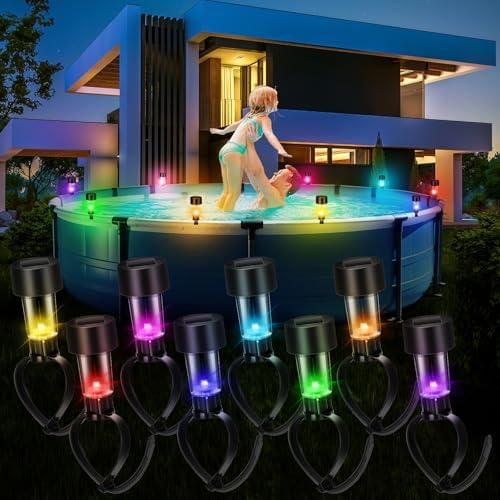 Baquler 8 Pcs Pool Solar Lights for Framed Above Ground Pools Waterproof Solar Light Outdoor Swimming Pool Fence Decorations Pool Accessories Colorful Light Night Lights