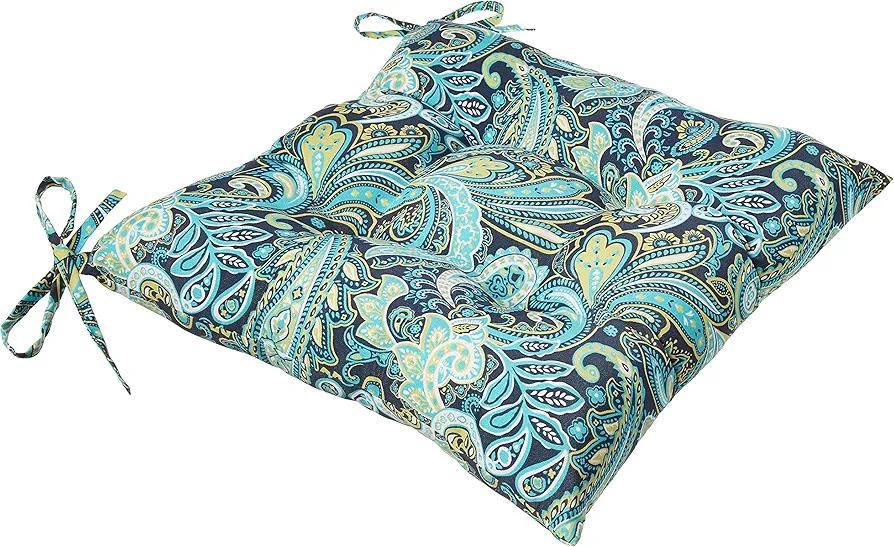 Pillow Perfect Paisley Indoor/Outdoor Chair Seat Cushion with Ties, Tufted, Weather, and Fade Resistant, 18.5" x 19", Blue/Green Pretty, 2 Count
