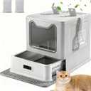 Cat Toilet with Lid and Pull-Out Tray (Gray, Enclosed)