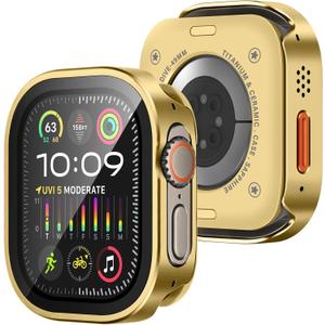 Amizee Metal Case Compatible with Apple Watch Ultra 3/2/1 49mm Case with Built-in Screen Protector, Straight Edge Ultra Thin with Back Cover Protective Cover for iWatch 49mm, Gold