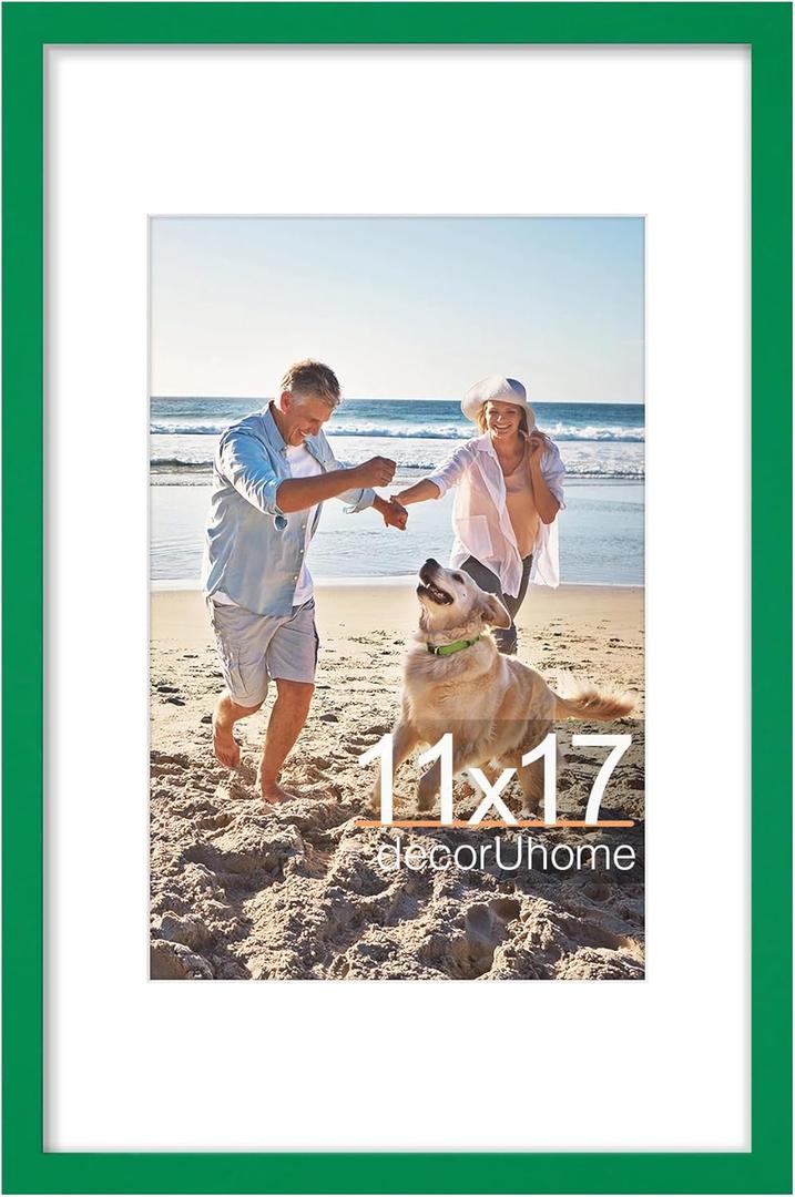 decorUhome 11x17 Picture Frame, Display Pictures 8x12 with Mat or 11x17 without Mat, Wall Hanging Poster Frame, Green, 1 Pack