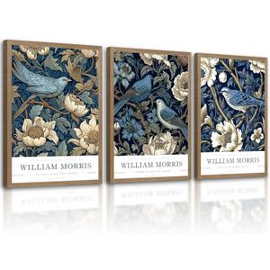 Framed Canvas Wall Art Set of 3 William Morris Birds 16x24