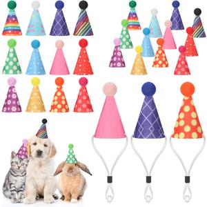 24 Pcs Mini Party Hats with Pom Poms Stuffed Animals Tiny Felt Cone Birthday Hats for Toys Dinosaur Small Dogs Cats