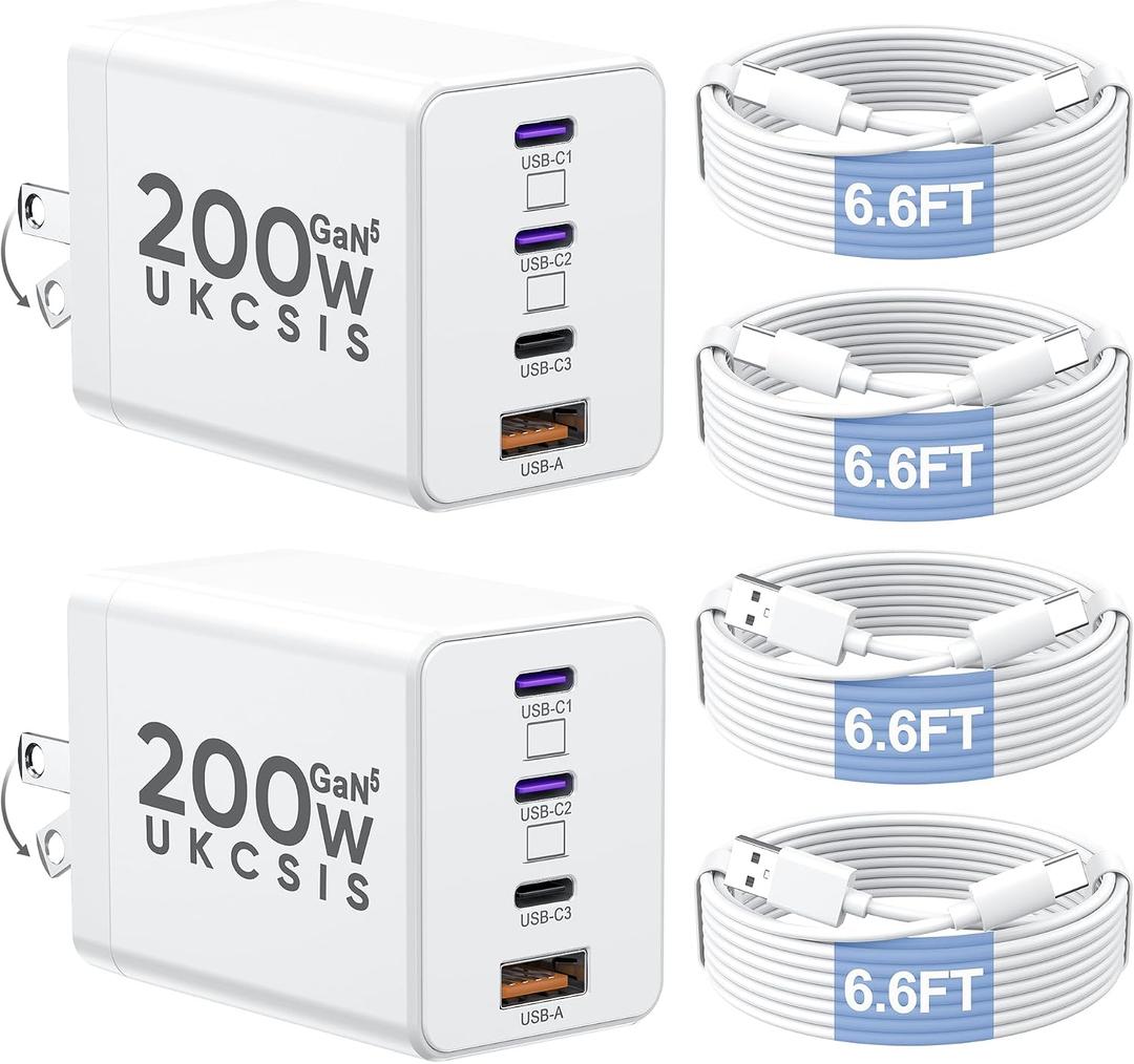 2 Pack 200W USB C Charger Block, Adapter for iPhone 17/16/15 Pro Max Charger Fast Charging, Foldable 4-Port GaN5 Fast Charging Block, Dual 65W Laptop Super Fast Charger Type C for MacBook Pro/Air iPad
