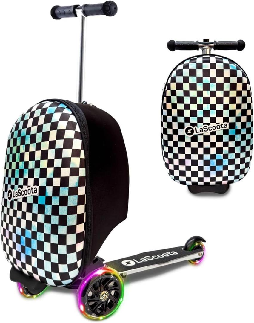 Lascoota Scooter Suitcase - Ride Suitcase for Kids - Carry Luggage & Kid Scooter - Lightweight Luggage with LED Lights - Checkered, 24 x 15 x 19 in, Unisex Child