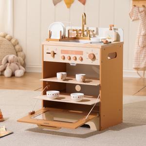Robud Wooden Dishwasher Playset for Kids - Pretend Kitchen Sink with Faucet, Turning Knobs, Dish Rack & Tableware for Toddler Role Play Toy Ages 3+, Caramel