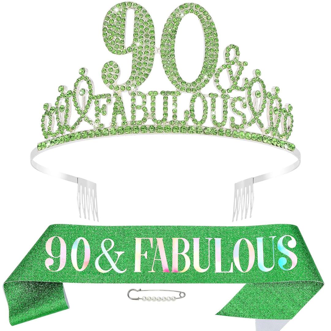 90th Birthday Decorations for Women, 90th Birthday Gifts Sash and Crown for Women Set, 90 & Fabulous Party Supplies, Green