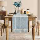 ZeeMart Farmhouse Braided Striped Table Runner, Rustic Blue Table Runners 108 Inches Long Boho Home Decor, Dusty Blue 15x108 Inches