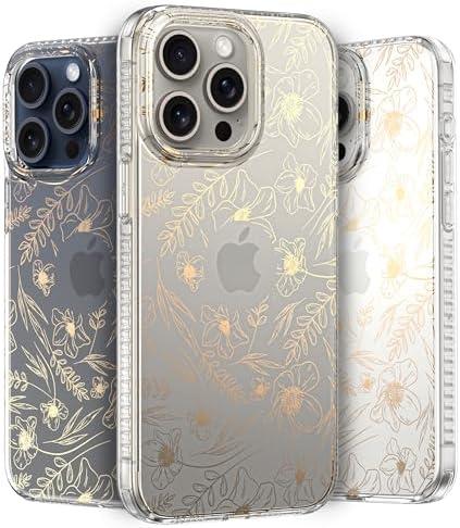 LONLI Hue Case for iPhone 15 Pro - [360° Shock-Absorbent Bumper] - [Cute and Unique Phone Cover for Girls and Women] - Gold Floral