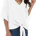 VIISHOW Womens Tie Front Chiffon Blouses V Neck Batwing Short Sleeve Summer Floral Tops Shirts (Small, White)