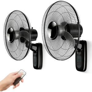 Aotop 16 inch Wall Mount Fan with Remote Control - 2 Pack, 3-Speed and 3 Modes, Timer Function, Adjustable Head, Oscillating Fan for Home and Office - Black