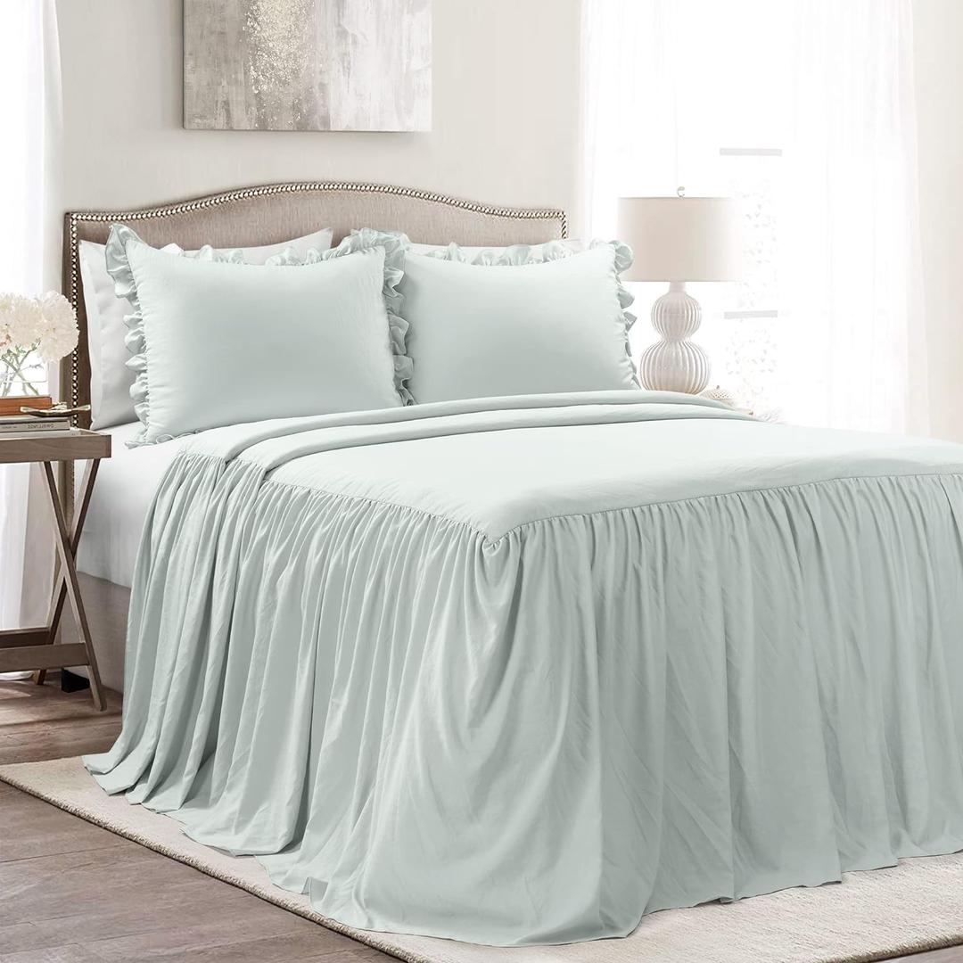 Lush Decor Ruffle Skirt Bedspread Set - 3-Piece Luxurious Farmhouse Bedding - Elegant Ruffle Detail - Timeless Style - Soft Lightweight Sheets - Queen, Sea Salt