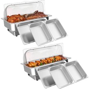 Garvee Electric Chafing Dish Buffet Set, 9 qt Roll Top Food Warmer with Transparent PC Lid, with 1 Full-Size Pan & 2 Half-Size Stainless Steel Chafer for Catering Parties(2 Packs)