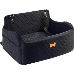 Car Seat for Large Size Dog, Booster Seat for Dogs Under 55 lbs or 2 Small Dogs, Soft Car Dog Bed Filling in Thick Memory Foam with 2 Safety Leashes and Storage Pocket (Black)