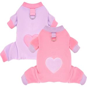 2 Pack Dog Pajamas Small Sized Dog Fleece Pajamas Cute Fleece Sweater Doggy Sweater Love Pattern Onesies for Pjs Small Valentines Clothes (X-Small(suggest length of back 8.6''), Pink)