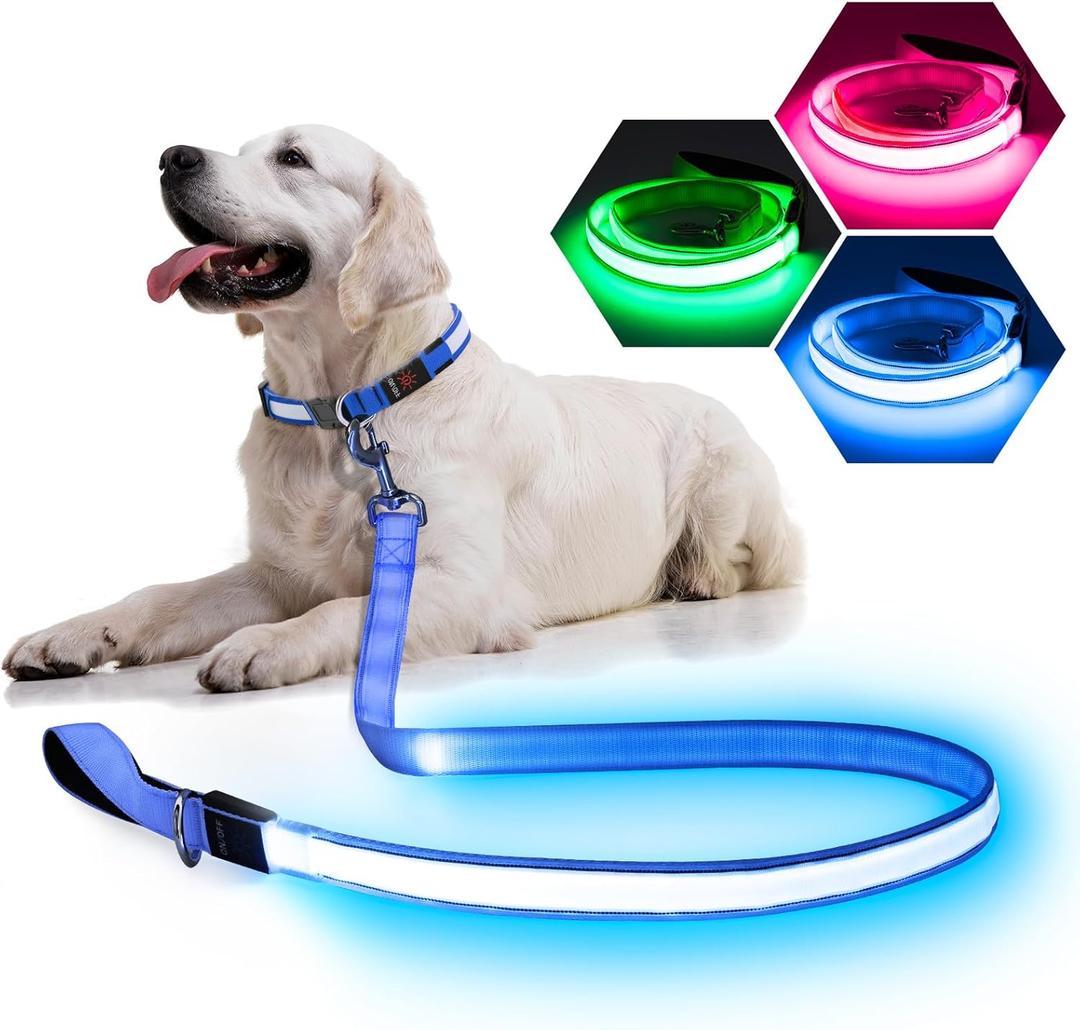 LED Light Up Dog Leash - 4 Ft USB Rechargeable Reflective Nylon Leash with Padded Handle - Flashing Luminous Glow Leashes for Large Medium Pets Night Safety Walking-Blue