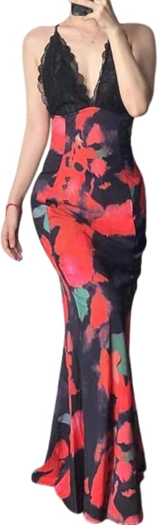 XPONNI Y2K Backless Wedding Guest Dress Sheer Lace Tie Dye Vacation Maxi Dress Resort Beach Long Dresses Summer 2025 (Orange)