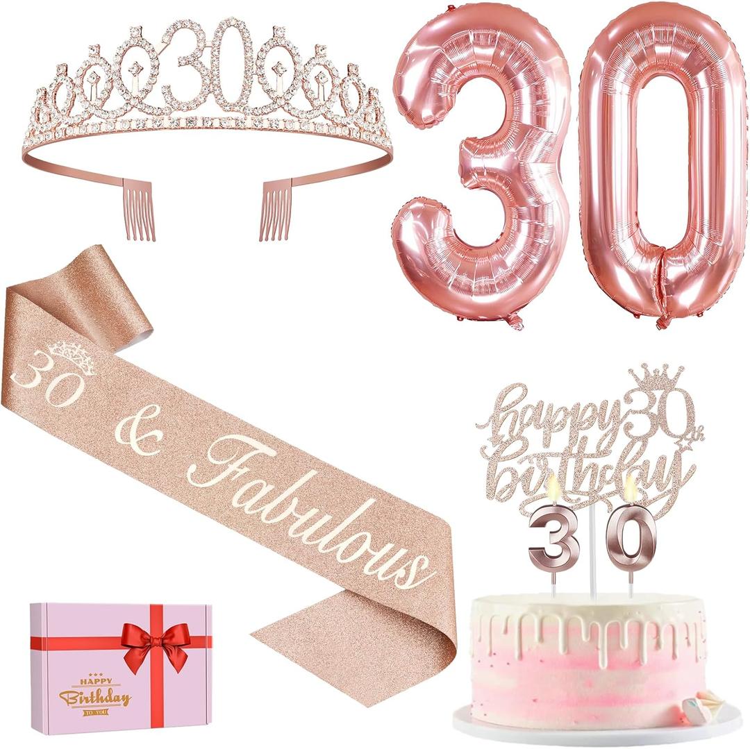 30th Birthday Decorations for Her, Including 30th Birthday Sash and Tiara, Cake Topper and Candles, Number Balloons, 30 Year Old Gifts for Women