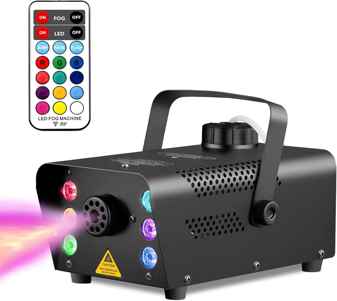 Sunolga Fog Machine with 6 LED Lights and 12 Colorful Light Effects, 500W Smoke Machine with Wireless Remote Control, 2500 CFM Fog for Halloween, Outdoor Parties, Stages, Weddings, Black