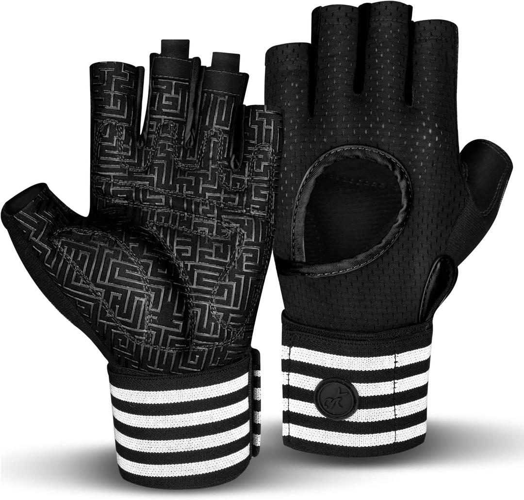 MOREOK Weight Lifting Gloves Gym Workout Gloves with Wrist Wrap Support for Men/Women-[Curved Open Back] Fitness Gloves for Weightlifting,Exercise,Training,Pull ups,Fitness,Rowing (Black, XL)